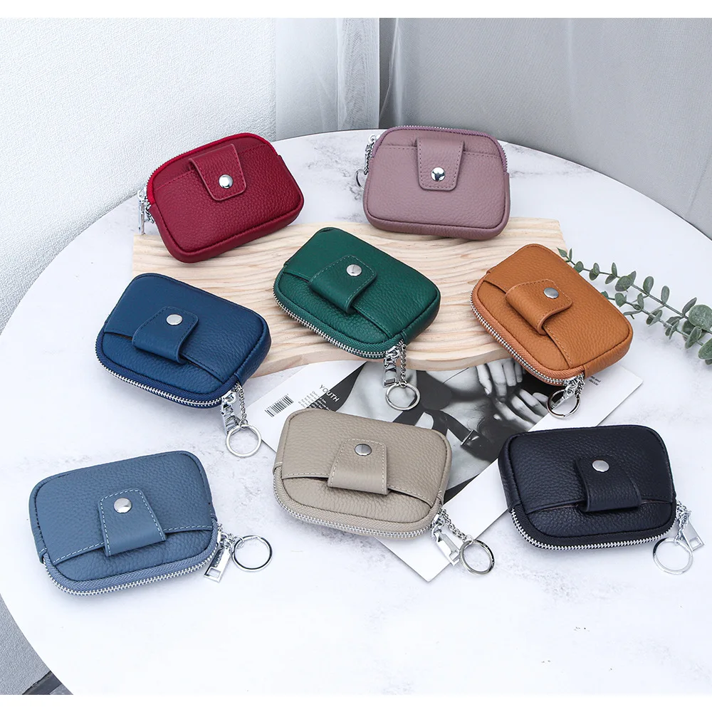 

Women Genuine Leather Coin Purse Wallet Mini Zipper Change Purse Wallet Coin Pouch with Key Chain Brand Design Cash Money Bag