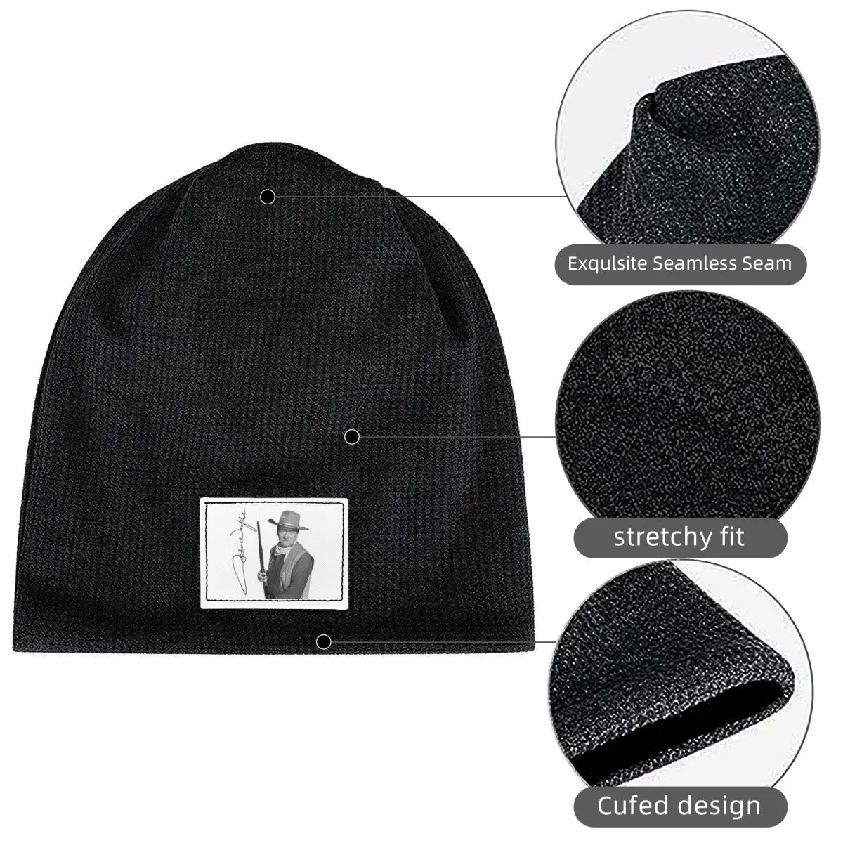 John Wayne Signature The Duke Waffle Knit Fleece Lined Beanie with PU Leather Patch Unisex Warm Winter Soft Cap