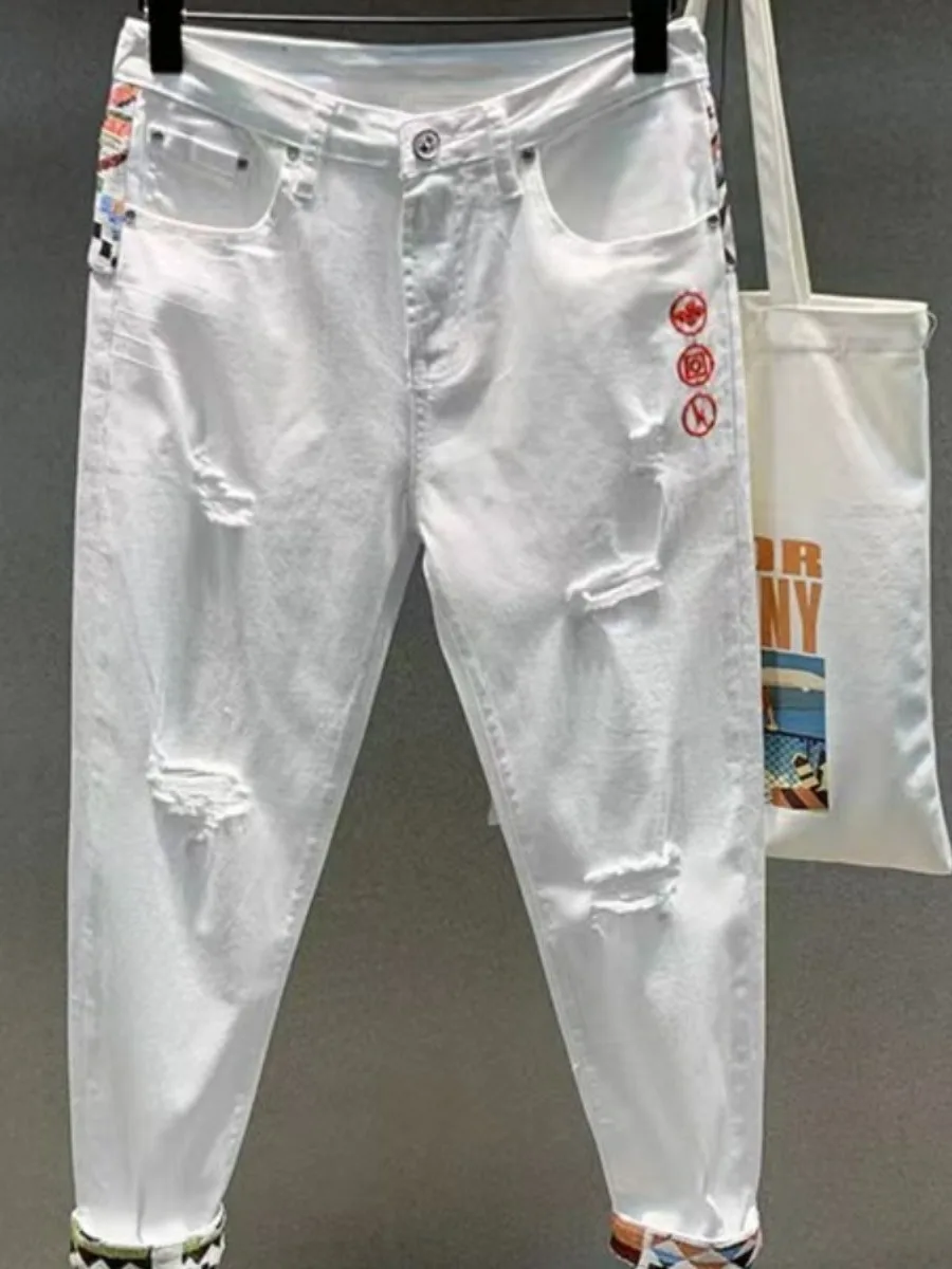 

Embroidered Slim Fit Summer Thin Denim Jeans Men's Hole Punching Nine Points Trendy Brand White Haome Small Foot Jeans