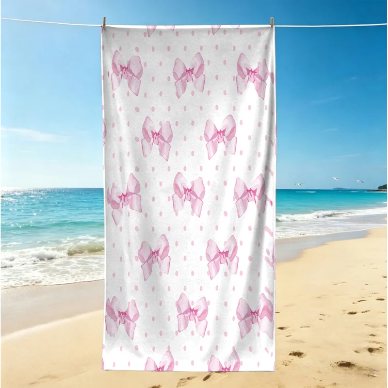 Microfiber Beach Towel,Ultra-Soft,Skin-Friendly,Portable,Durable,Sweet Pink Bows and Polka Dots,Lovely Beach Day Essentials