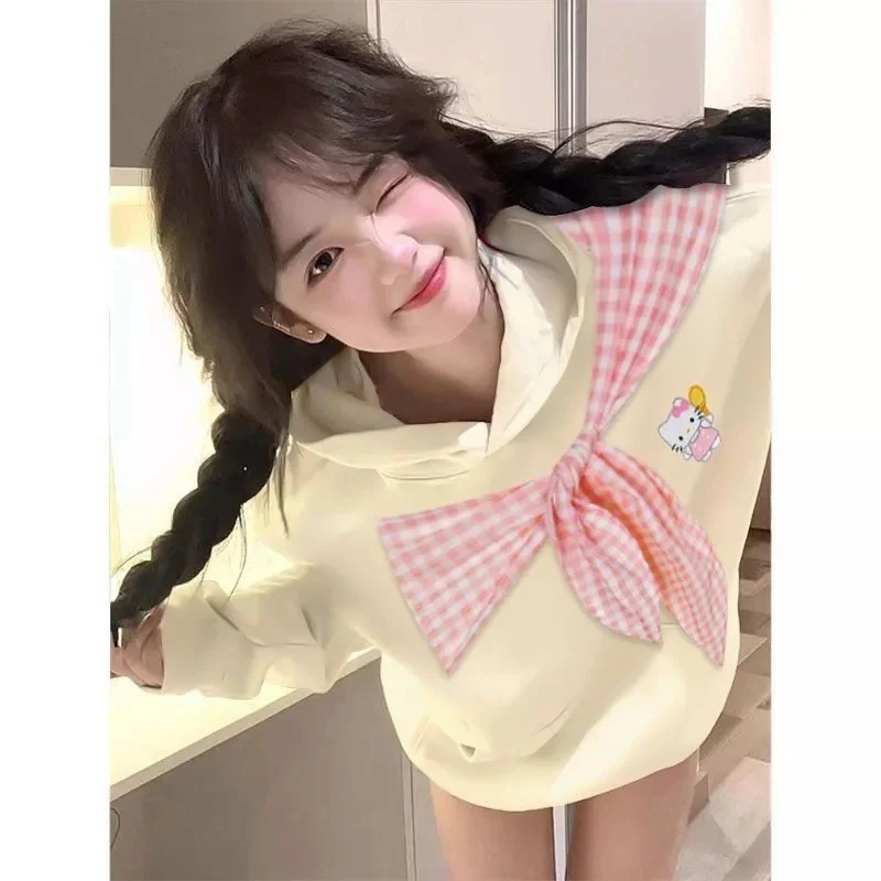 2025 كسول منقوشة ربطة القوس فيونكة مقنعين الحلو الخريف أفضل تصميم جديد هوديي المرأة سترة فضفاضة ins زوجين فضفاض هوديي المرأة Ins جديد