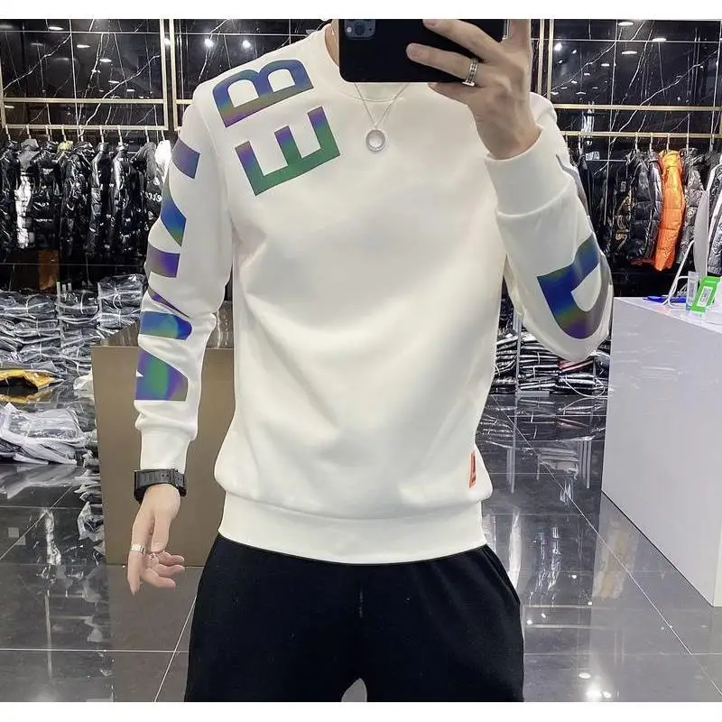 Men\'s spring and autumn slim long sleeve vests thin casual fashion colorful letter round neck bottoming shirt top