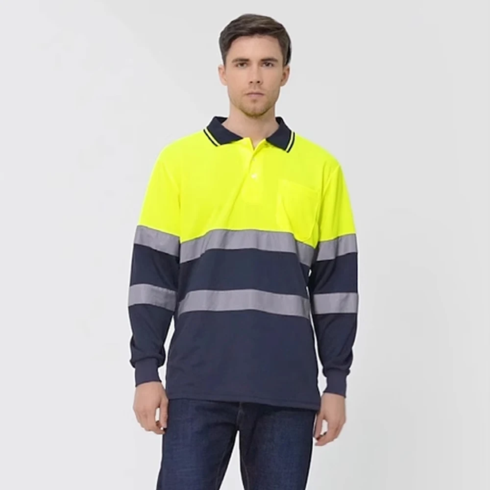 Camicie da lavoro antinfortunistiche estive a maniche lunghe Polo riflettente traspirante ad asciugatura rapida Abbigliamento da lavoro da costruzione da uomo