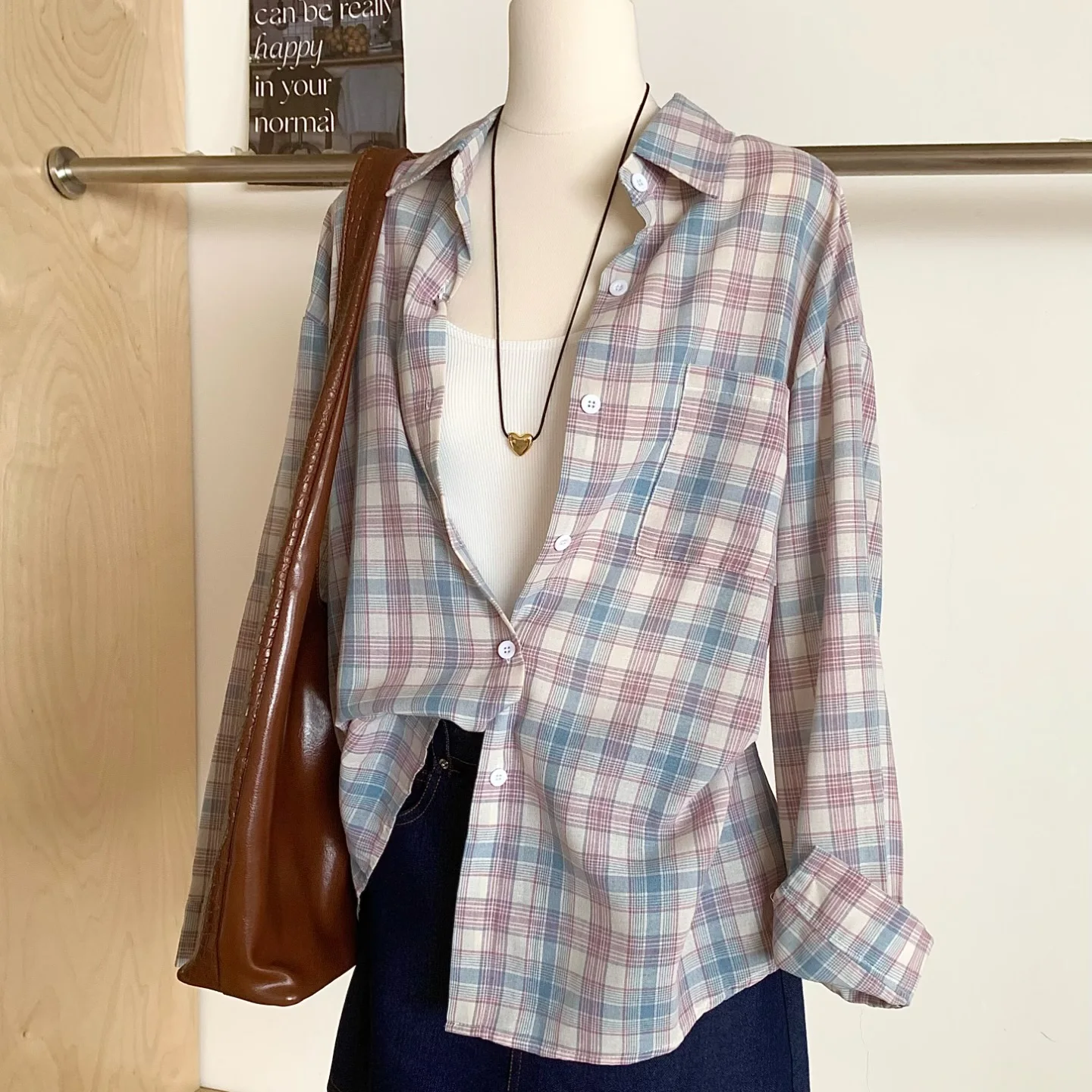 

Hong Kong Style Women Shirt Summer Retro Plaid Top Ins Fashion High Street Loose Casual Versatile Long Sleeve Blouse