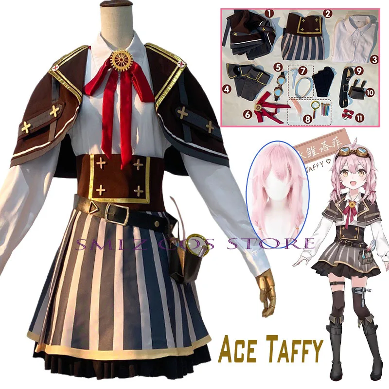 

Anime Ace Taffy Cosplay VTuber Costume Brown Uniform Cloak Skirt Wig Set Halloween Party Play Outfit for Women Dress