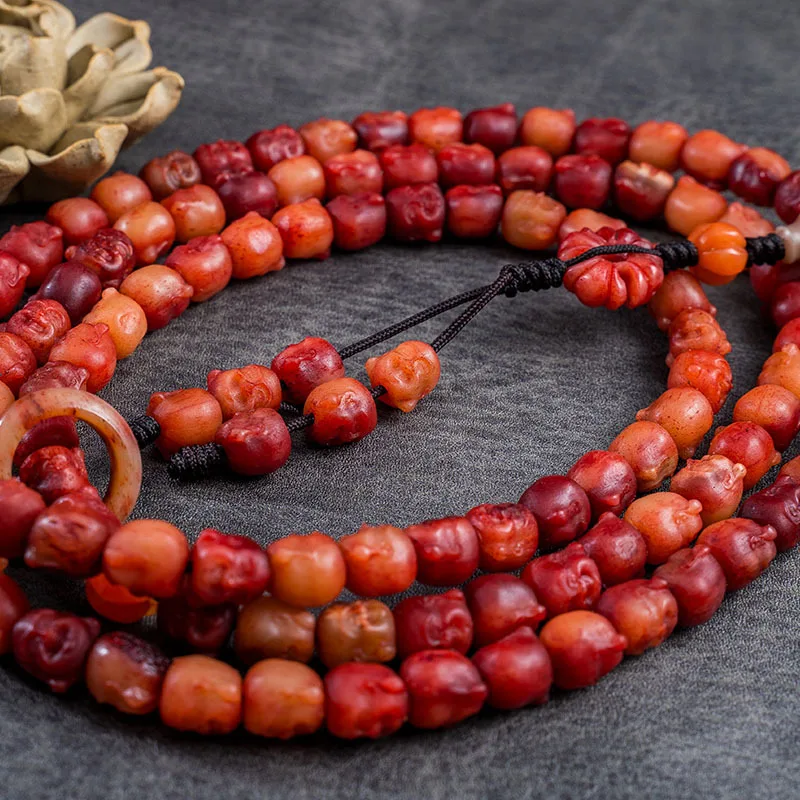 

Ox Bone 108 Pieces Beads Maitreya Carved Necklace Ethnic Style Distressed Full of Blood Green White Buddha Bea