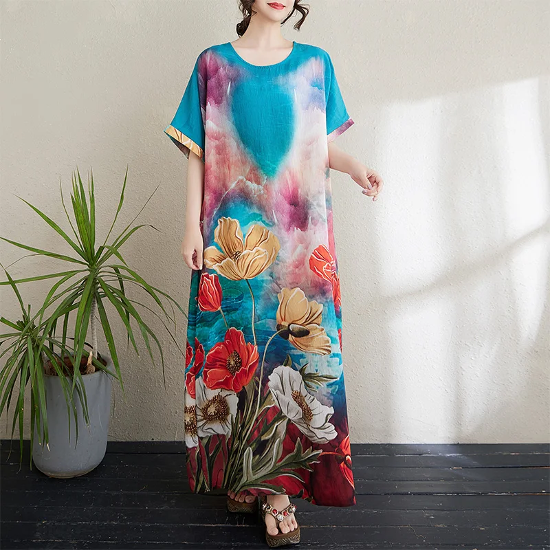 

Летнее пляжное платье большого размера, тонкое, свободное, стройнящее, в богемном стиле, повседневное, хлопковое, с коротким рукавом, круглым вырезом