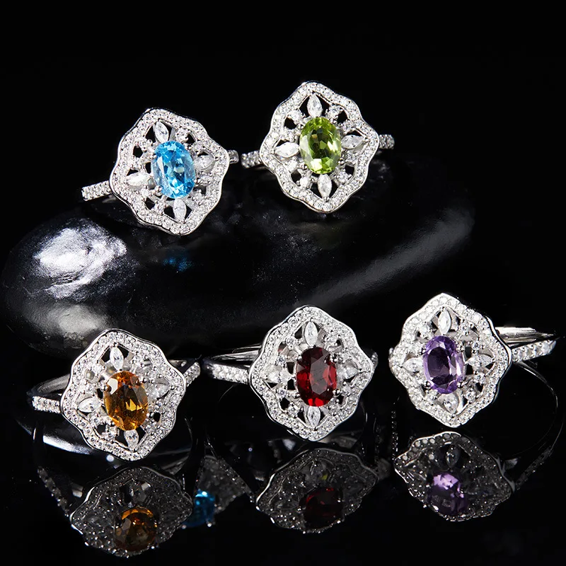 

925Pure Silver Natural Amethyst Citrine Garnet Gemstone Ring for Women Blooming Flower Design Live Streaming Hot Item