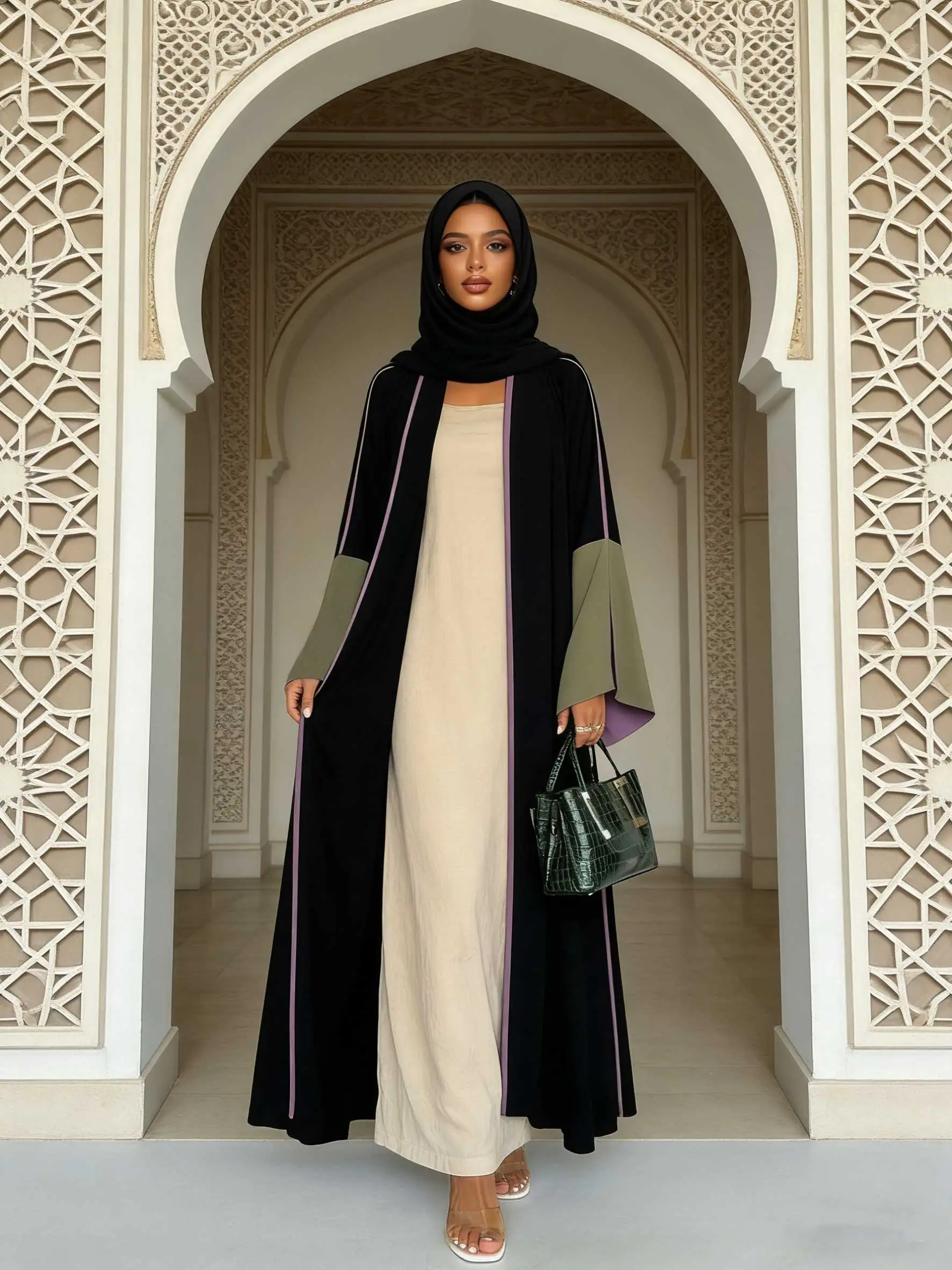 Elegante Abaya Negra Abierta por Delante con Ribete Morado y Mangas Campana en Color Verde Oliva y Morado, Kaftan Marroquí Musulmán para Mujer, Jalabiya de Ramadán