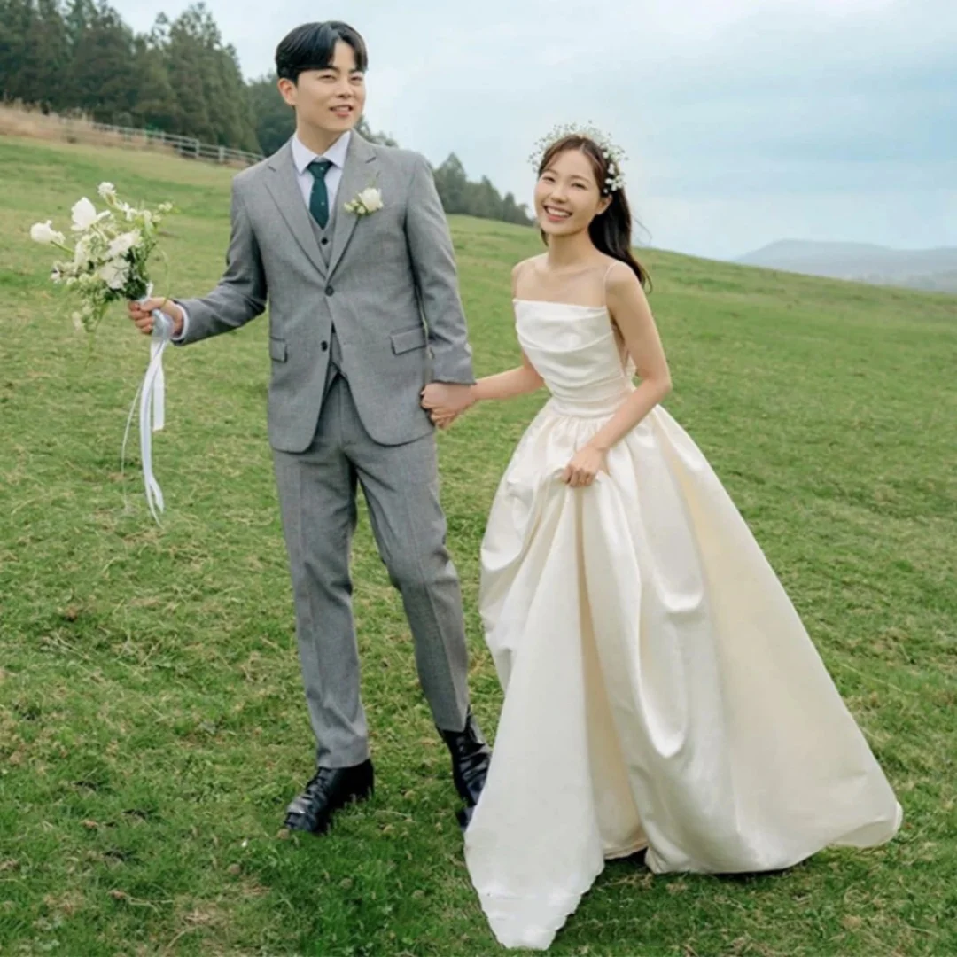 

WHOSAY Korea Wedding Dresses Spaghetti Straps Sleeveless 웨딩드레스 Ruched A Line Bride Wear Dress for Special Banquet