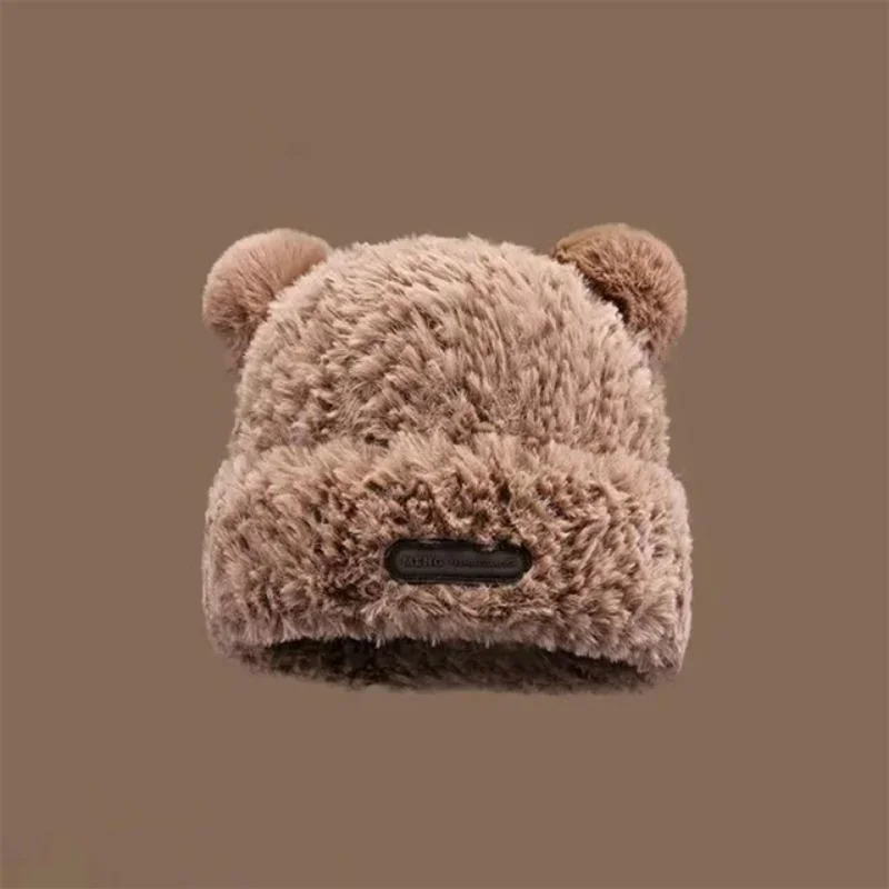 

Cute Little Bear Hat Winter Thickened Big Headed Soft Glutinous Plush Hats Ear Protection Woolen Korean Warm Fluffy Fur Headgear