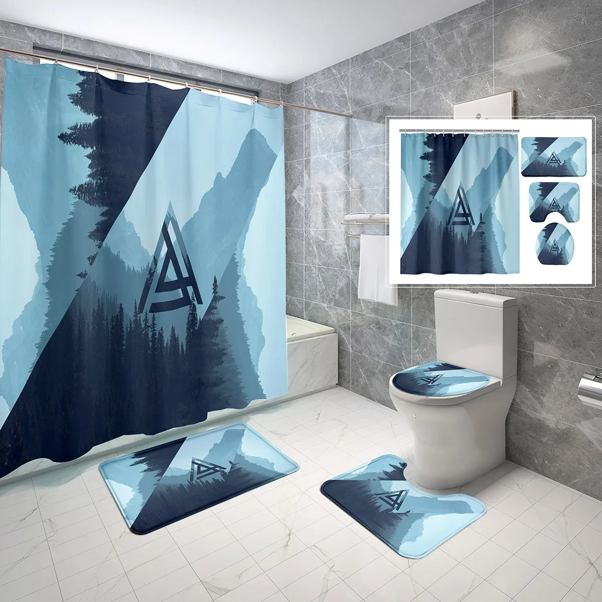 

4 PCS Neutral Shower Curtain set Geometric Modern Aesthetic Minimalist Shower Curtain Bathroom Non-Slip Bath Mat Toilet Cover