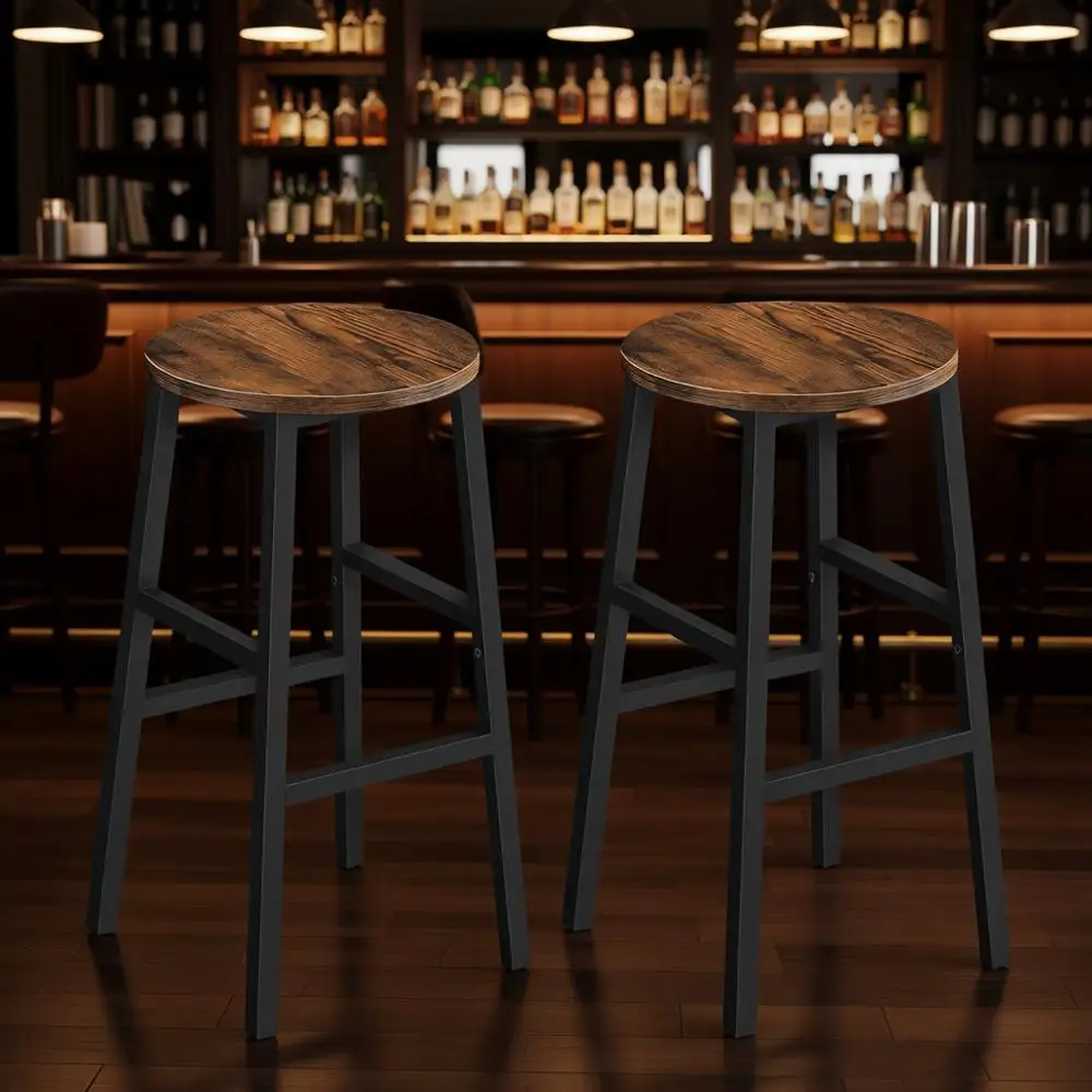 

Set of 2 Round Bar Chairs with Footrest, 24.4 Inch Kitchen Breakfast Bar Stools, Industrial Bar Stools, Easy Assembly, for Dinin