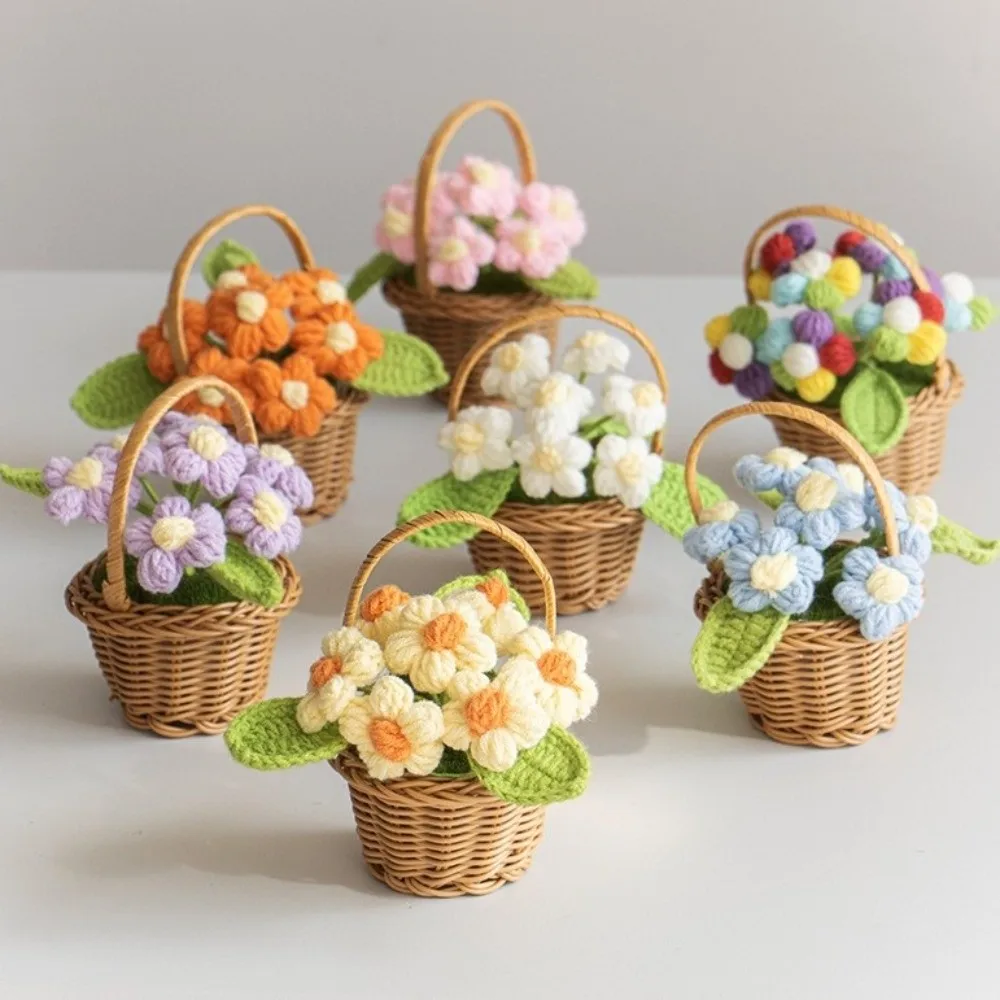 New Mini Wool Crochet Flora Handmade Cute Small Flower Potted Soft Daisy Sunflower Knitted Eternal Flower Office Decor
