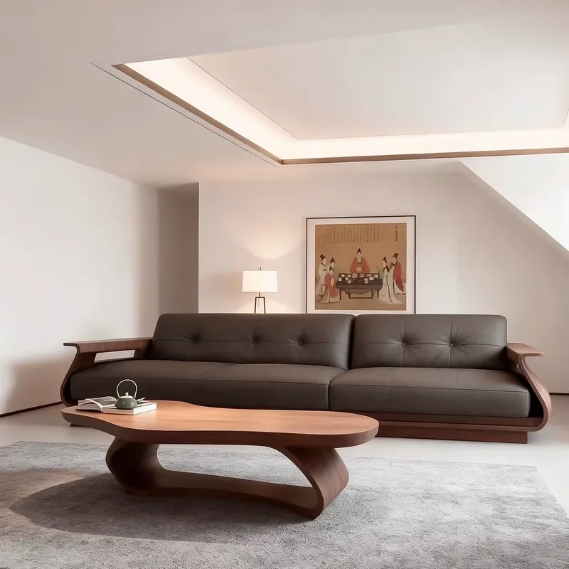 New Chinese Style North American Black Walnut Leather Fabric 3 Seater Sofa with Storage Coffee Table Combo Living Room