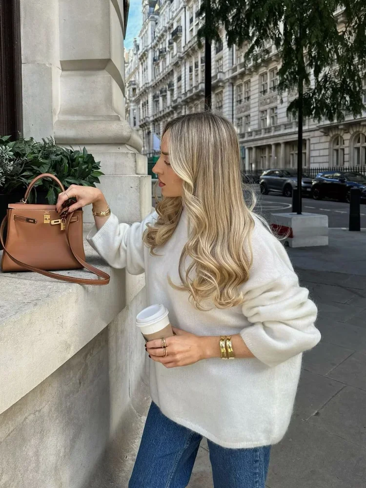 Suéter informal de Cachemira con cuello redondo para mujer, Jersey de punto holgado liso elegante, jerséis clásicos de otoño para uso diario, novedad de 2024