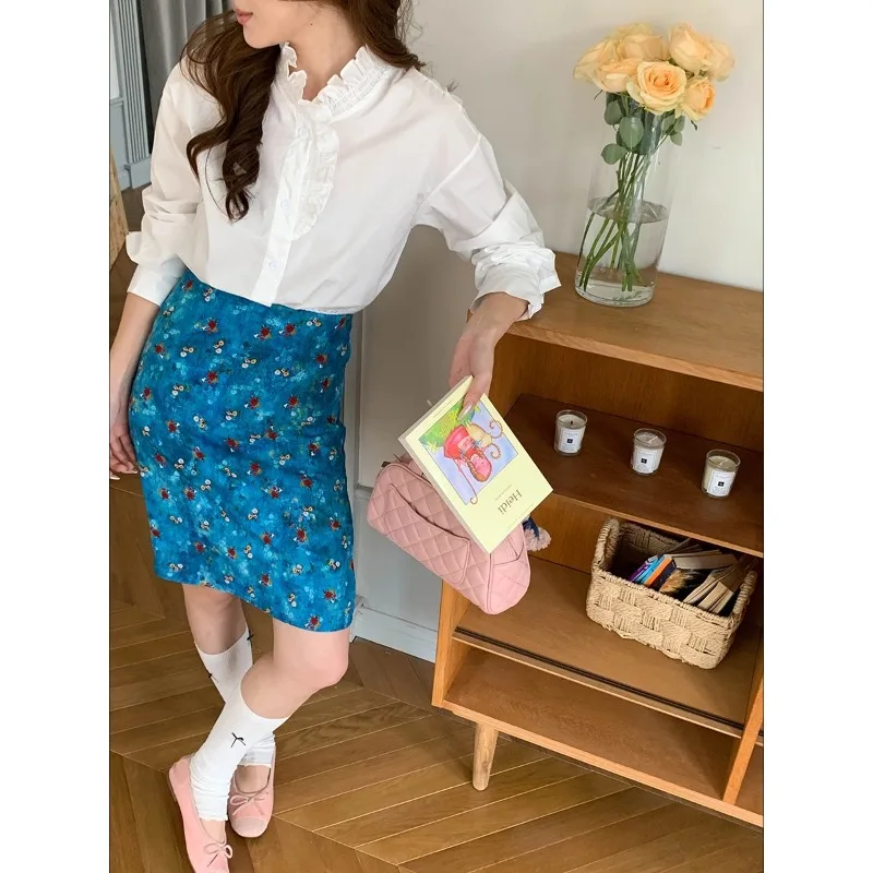 

White Ruffle Trim Button Down Long Sleeve Shirt Blue Floral Print Mini Skirt Two Piece Set For Women Casual Fashion Style 05P6