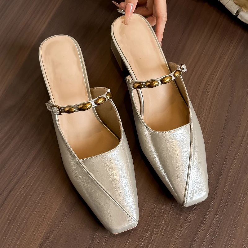 

2026 new summer heel square head muller shoes bag head cool slippers women's summer wear high heel half drag single shoes