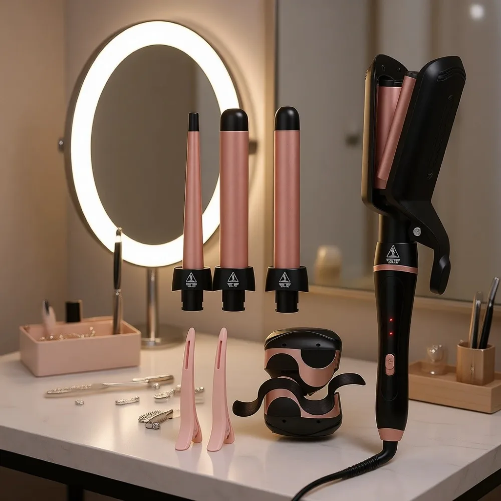 5 in 1 Curling Iron Set with 4 Interchangeable Ceramic Barrels for All Hair Types Fast Heating