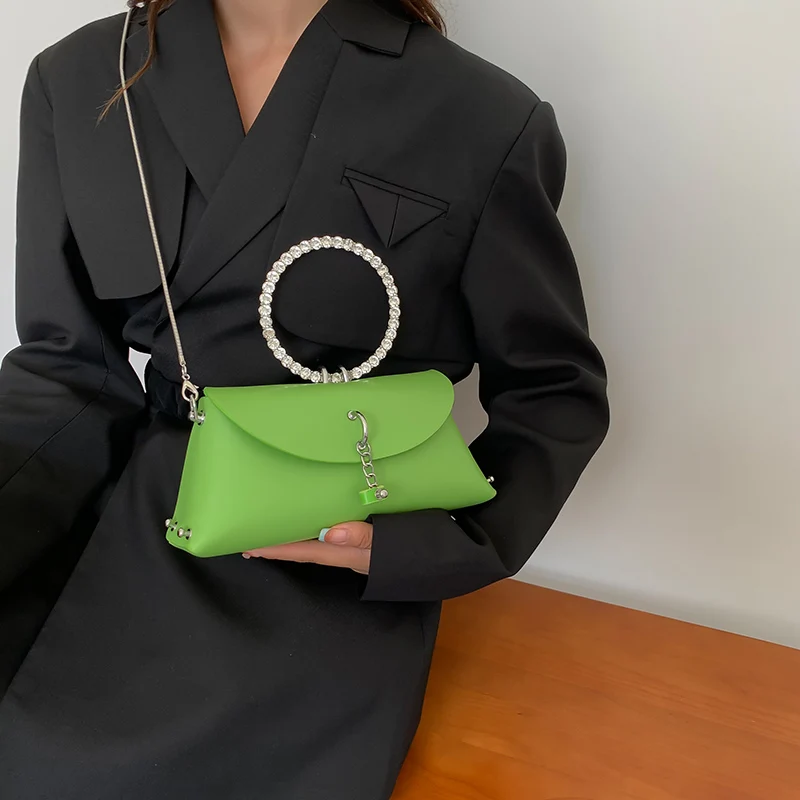 2023 New Luxury Designer Women Evening Clutch Female Bling Crystal Simple Green Beige Chic Handbags Fashion Chain Crossbady Bags