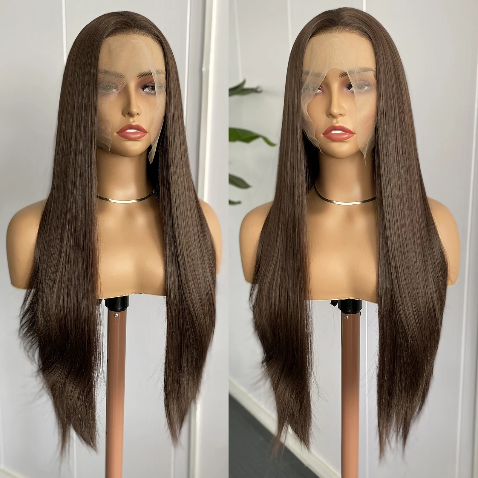 

AIMEYA Коричневый парик фронта шнурка Синтетические длинные шелковистые прямые парики для женщин 13x4 Бесклеевая естественная линия волос Повседневная одежда Косплей Вечеринка