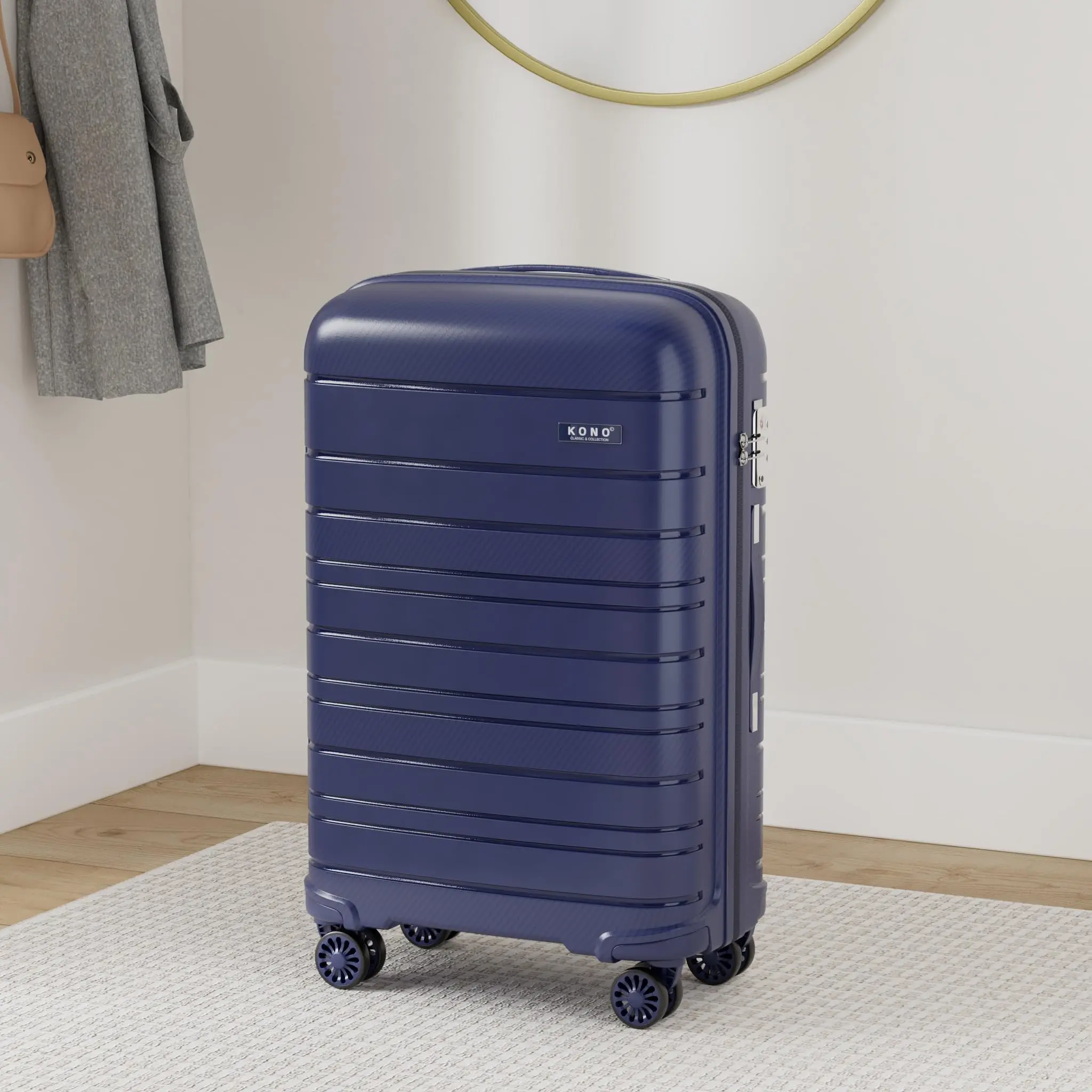 Kono Lightweight Polypropylene Hard Shell with 4 Spinner Wheels, TSA Lock, YKK Zipper (65cm) Travel Trolley Suitcase