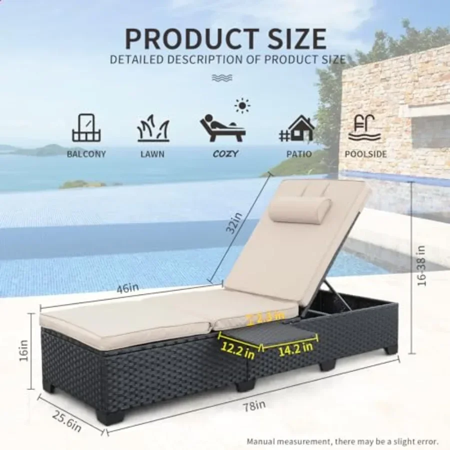 Outdoor patio chaise lounge chairs set of 2, black wicker rattan, adjustable backrest, sunbathing and pool reclining, includes