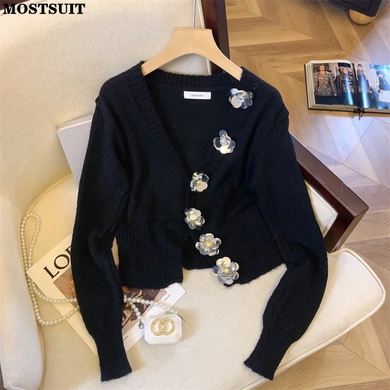 Stylish Elegant Knit Sweater Women Cardigan Tops Rose Buttons Fashion Chic Ladies Knitwear 2024 Autumn Long Sleeve V-neck Jumper