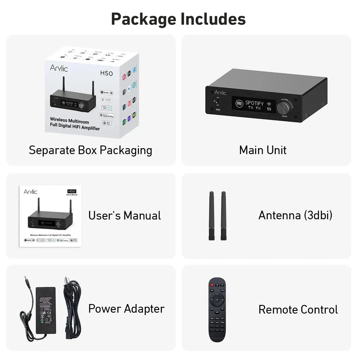 Arylic H50 WiFi Bluetooth 5.2 HiFi Amplifier 50W×2 AirPlay 2 Spotify Tidal Connect HDMI ARC Phono USB DAC Multiroom Amp - view 6
