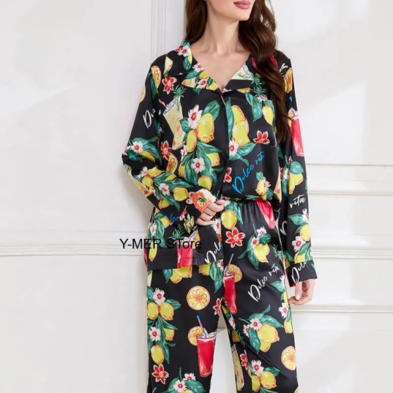 

Летний комплект для сна: атласная пижама с длинным рукавом, 2 предмета, домашняя одежда для женщин, свободный крой, ночная сорочка, домашняя одежда с цветочным принтом