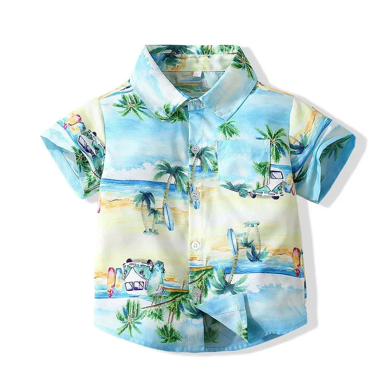 Summer Boys Shirt Hawaiian Beach Graphic Print Short Sleeve Casual Button Kids 2-8y Shirts Holiday Seaside Children Blouse Tops