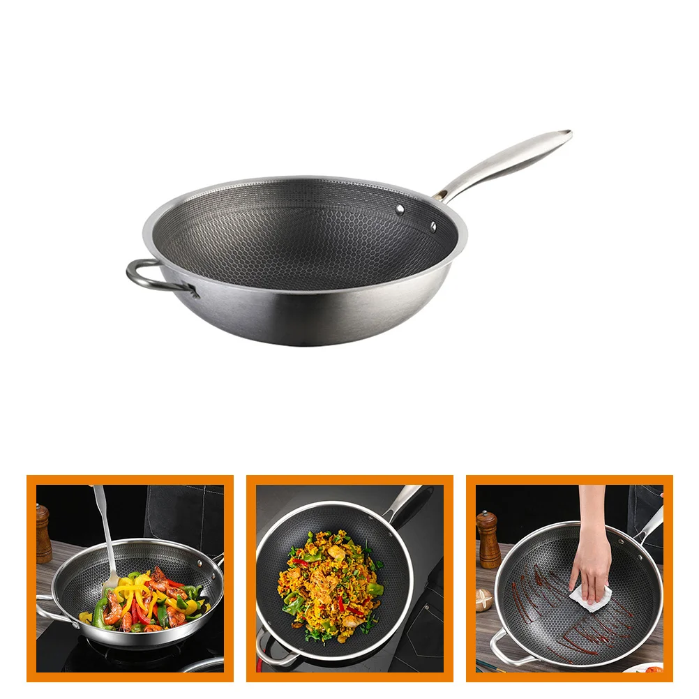 

Pan with Lid Stainless Steel Wok Honeycomb Household Restaurant Frying Kitchen