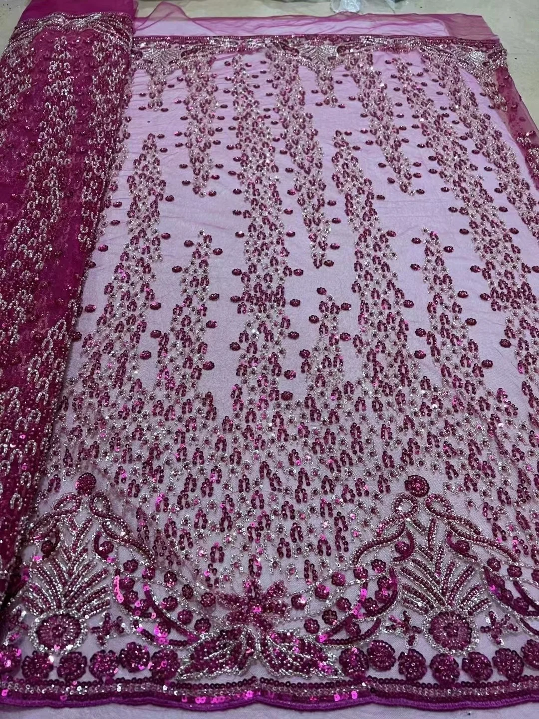 

Handmade Heavy Beaded Lace Fabric New High Quality Nigerian Sequins French Tulle Pearls Material Wedding African Net Lace Fabric