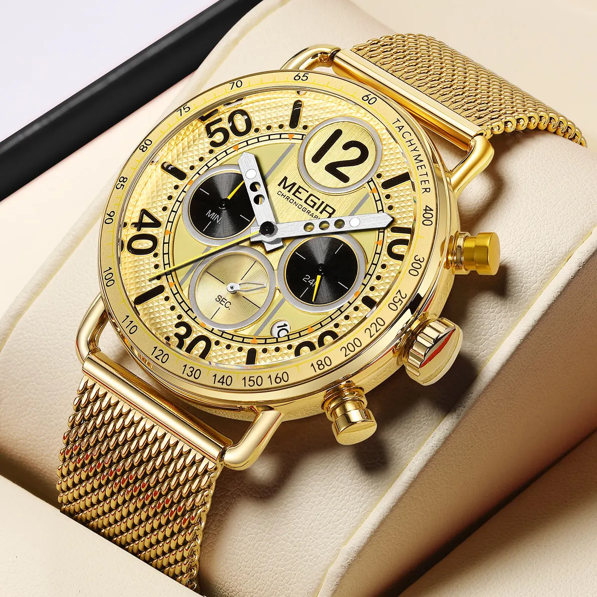 

MEGIR Men's Sporty Multifunctional Chronograph Quartz Watch with Date Gold Mesh Strap Stylish Multi-Dial Waterproof Wristwatch