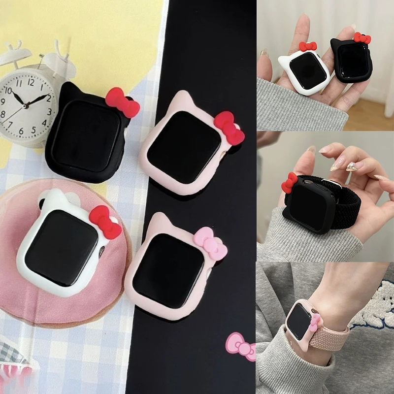 Cute Cartoon Cat Ear Silicone Case for Apple Watch 9 8 7 6 SE 5 Women Soft Protection Cover for Iwatch 44mm 40mm 41mm 42mm 45mm