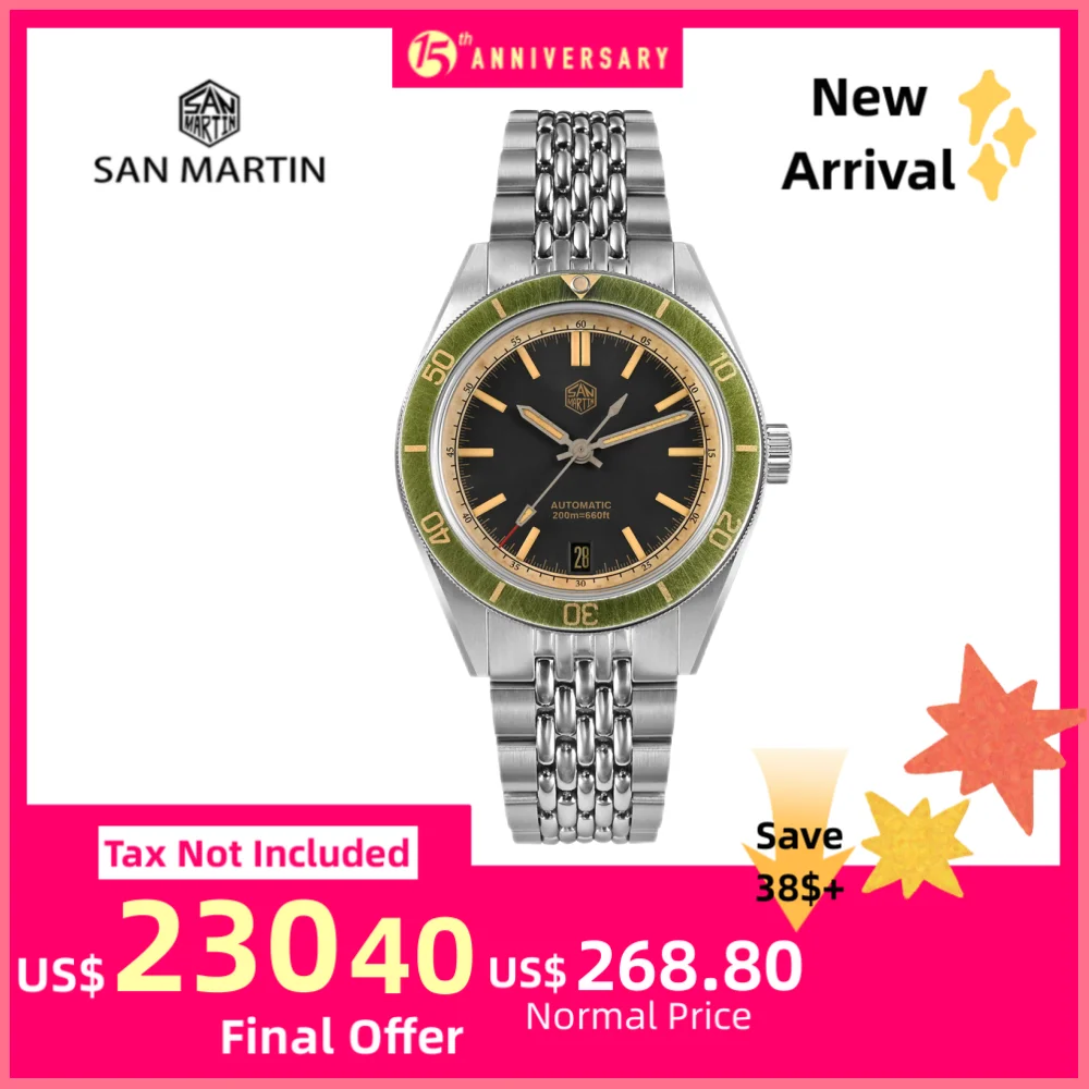 

San Martin 39.5mm Distressed Aluminum Bezel NH35 Mens Dive Watch Mechanical Retro Wristwatch C3 Luminous 6H Date Reloj SN0116B-2