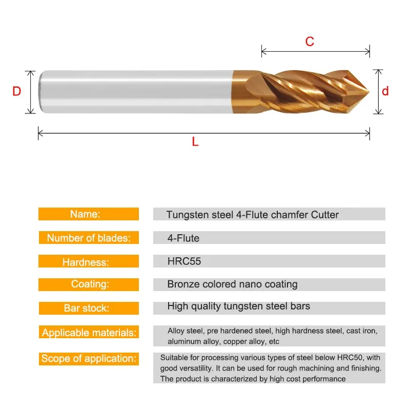 YIFINO HRC55 Tungsten Steel Chamfering Cutter 4-Flute For Steel Spiral Groove 60° 90° 120° Solid Carbide End Milling Cutter