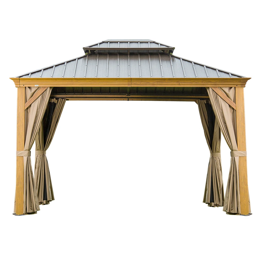 

10x12 Hardtop Gazebo Wooden Coated Aluminum Galvanized Steel Double Roof Curtains Netting for Patio Deck Lawn Wood-Looking