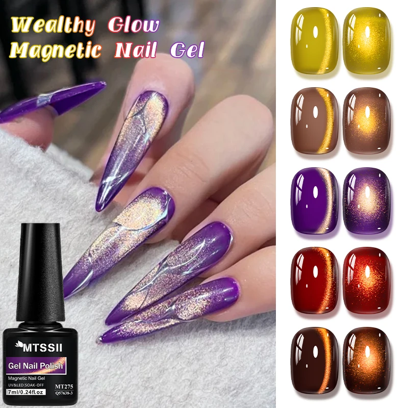 7ml Wealthy Glow Magnetic Cat Eye Gel Polish Glitter Gold Holographic Magnetic Summer Nail Polish Soak Off UV Transparence Gel