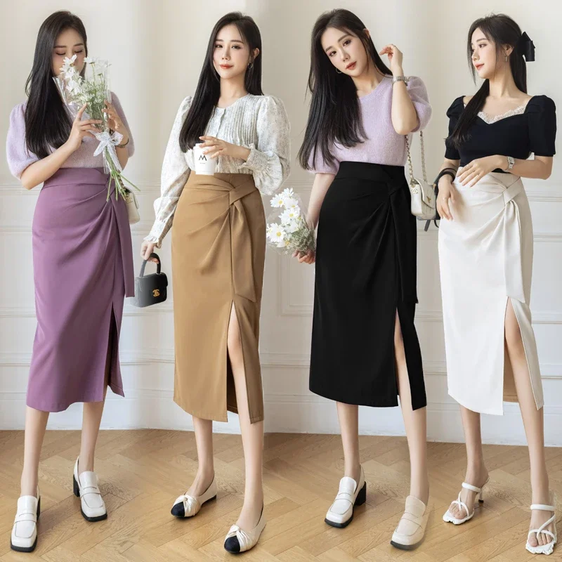 Y2K High Waist Mid-Length Split Women Skirt 2023 Spring and Summer New Fashion Solid All-match Office Lady Professional Skirts