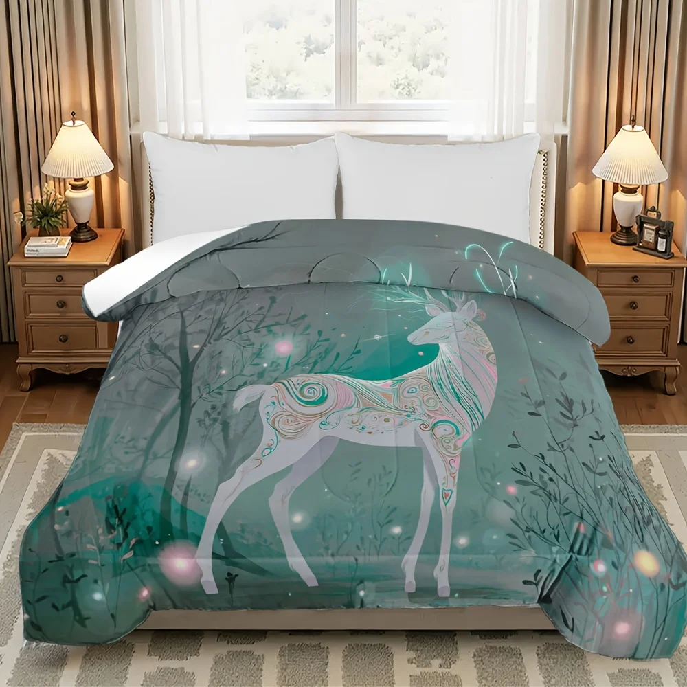 

Роскошное одеяло с изображением зимнего лесного оленя, 1 шт., бирюзово-зеленое и белое всесезонное покрывало, ультрамягкое дышащее одеяло с оленем