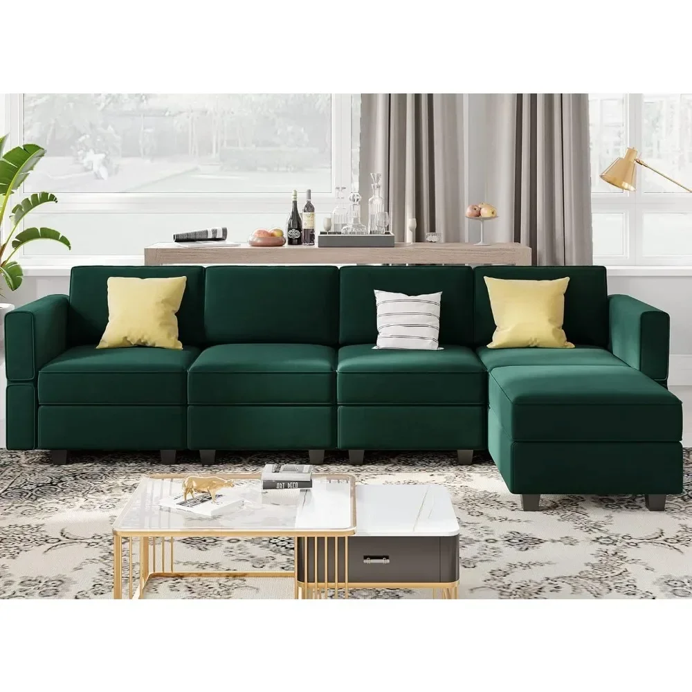 

Modular sectional sofa,Couch with Reversible Chaise Velvet L Shaped,with Storage,& 4-seat Convertible Green ,Living Room Sofas.