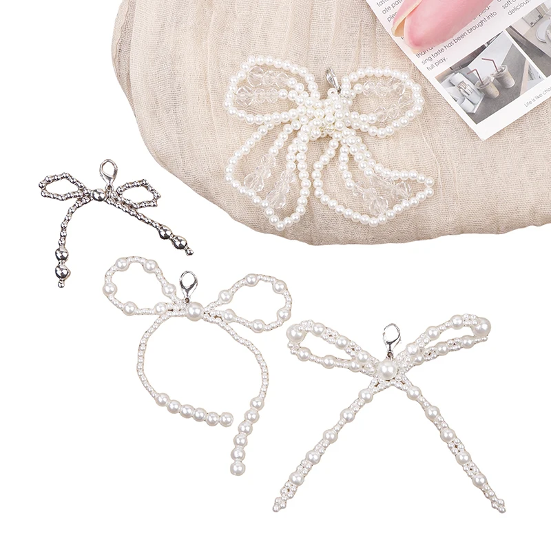 2pcs Bow Shoelace Chain Decor Handmade Pearl Bead Bowknot Shoe Buckle Decoration Accessories DIY Keychain Bag Pendant