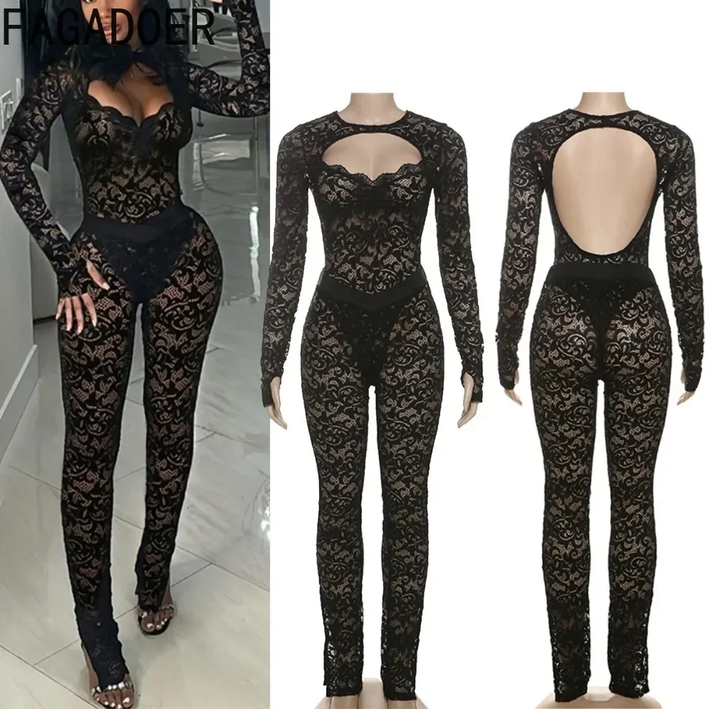 

FAGADOER Sexy Lace Women 2 Piece Set Outfit Long Sleeve Backless See Through Bodysuits Crop Tops And Pants Suits Streetwear New