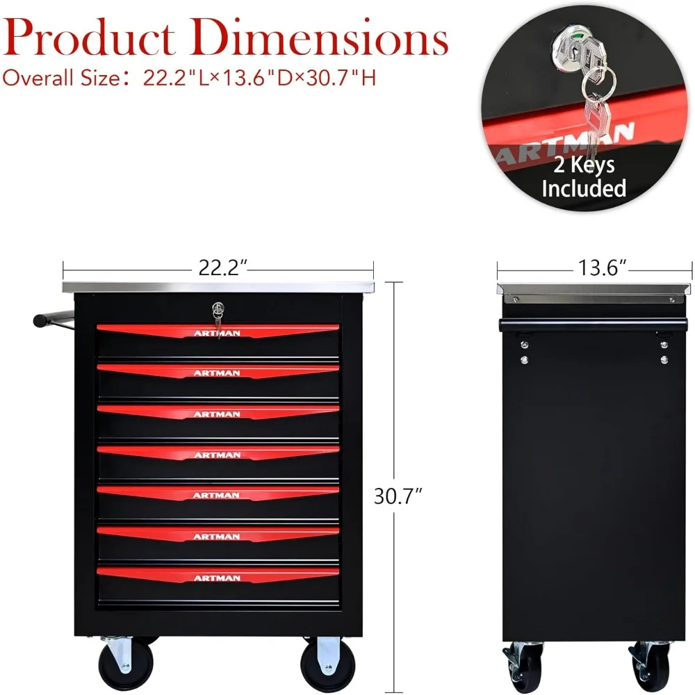 Multifunctional Rolling Tool Storage Chest with 7 Drawers for Garage, Heavy Duty Trolley Organizer Toolbox on Wheels