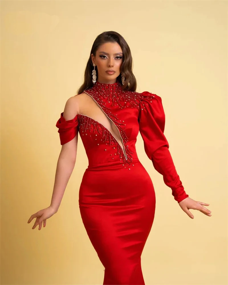 Luxurious Mermaid Evening Dresses One Shoulder Appliques Prom Gowns Custom Made Long Sleeves Sweep Train Special Occasion Wear