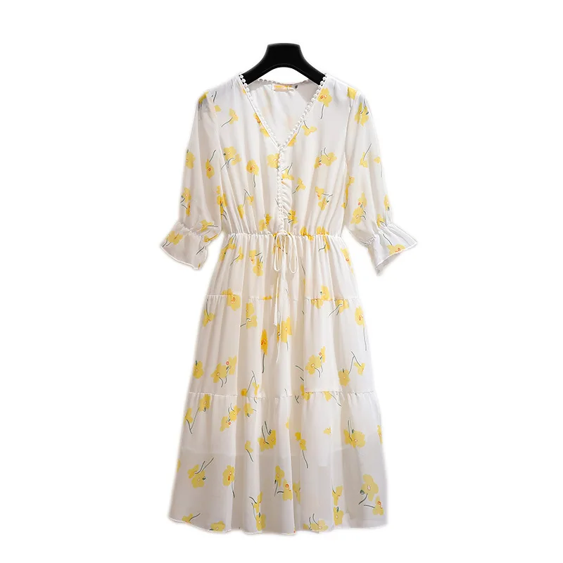 New 2022 Summer Women Plus Size Chiffon Dress Large Size Loose Short Sleeve Floral Print Pleated Dress 3XL 4XL 5XL 6XL 7XL