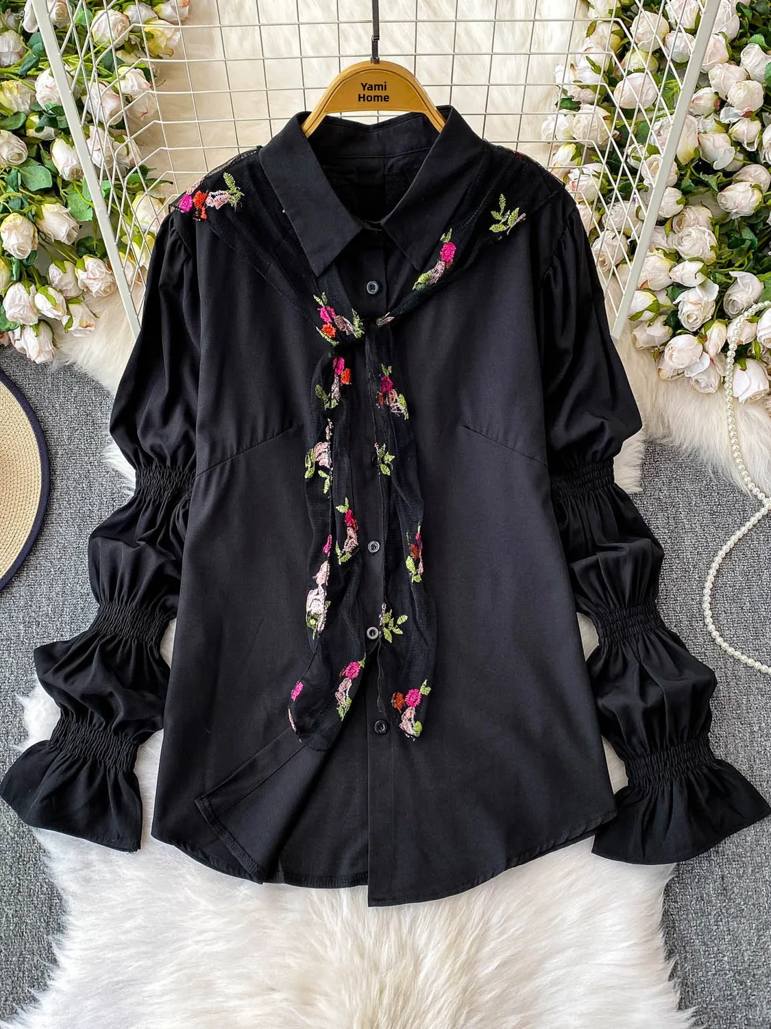 White Chiffon irt Women's Loose Slim Fit Lantern Sve Blouse Korean Sle Commute Faion Embroidered  Collar Top