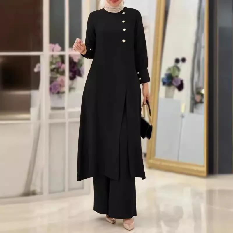 2024 Muslim women's two-piece set fashionable and elegant solid color side slit long shirt wide leg pants long robe