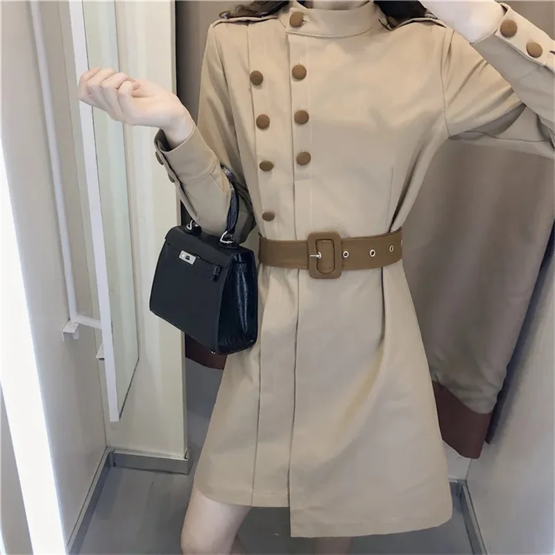 

2024 Spring Summer New Retro Waist Khaki Trench Coat Fashion Vestidos Women Professional Long Sleeve Dress Tops Female